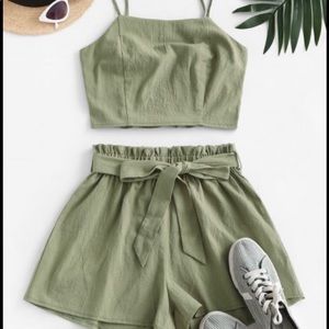 NWT- Smocked Back Belted Paperbag Shorts Set